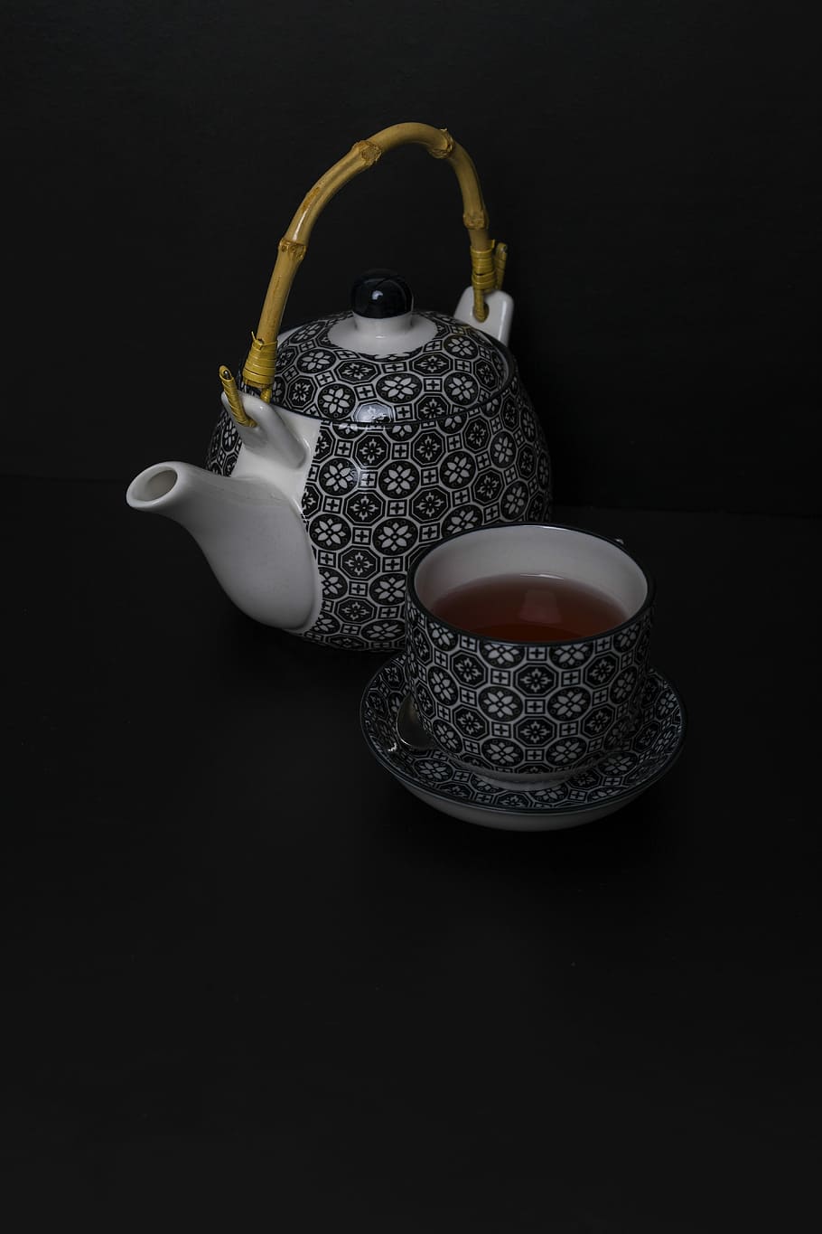 drink, ceramic, tea, style, teapot, black background, indoors HD wallpaper