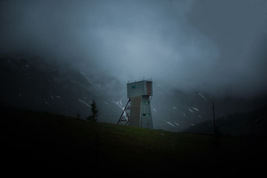 white watch tower on mountain, gray electric tower during nighttime illustration HD wallpaper
