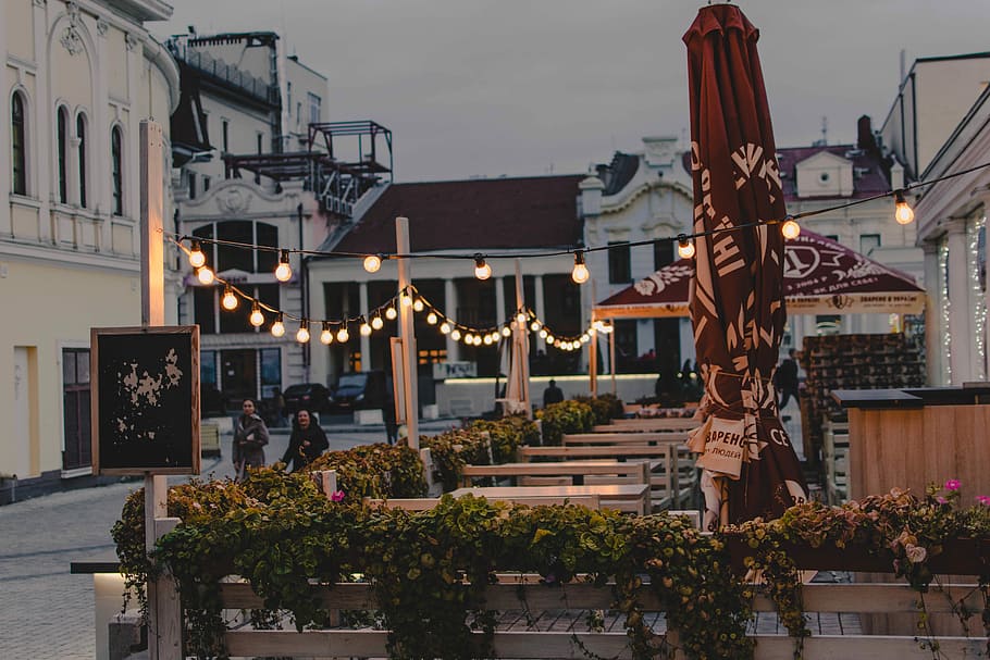 Hd Wallpaper White String Lights Hanged On Posts Lighted Lights Beside Red Patio Umbrella Wallpaper Flare