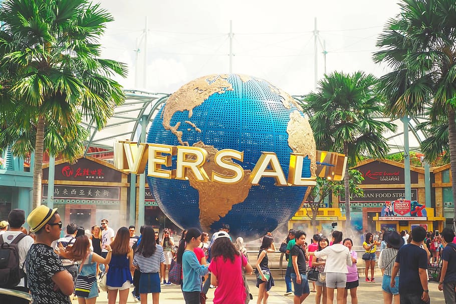 group of people standing near Universal Studios building, la HD wallpaper