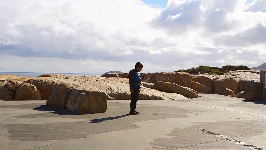 boy, rocks, sky, nature, coast, scenic, one person, full length HD wallpaper