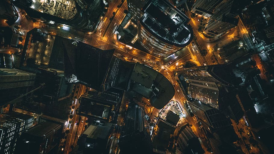 bird's eye view photo of city at night, aerial view of city lights, HD wallpaper