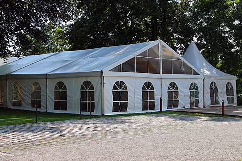 white enclosed canopy tent near trees, marquee, beer tent, event tent HD wallpaper