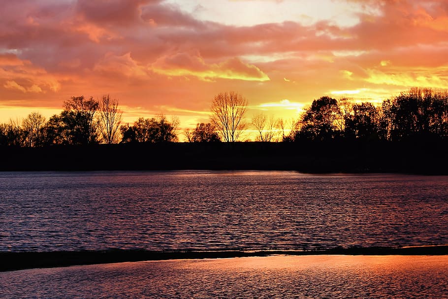 sunset, afterglow, evening sky, trees, silhuette, abendstimmung HD wallpaper