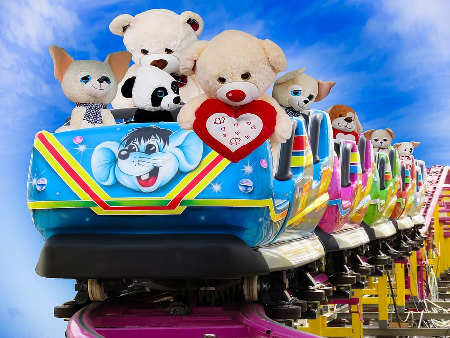 animal plush toys riding roller coaster, Emotions, Fun, joy HD wallpaper