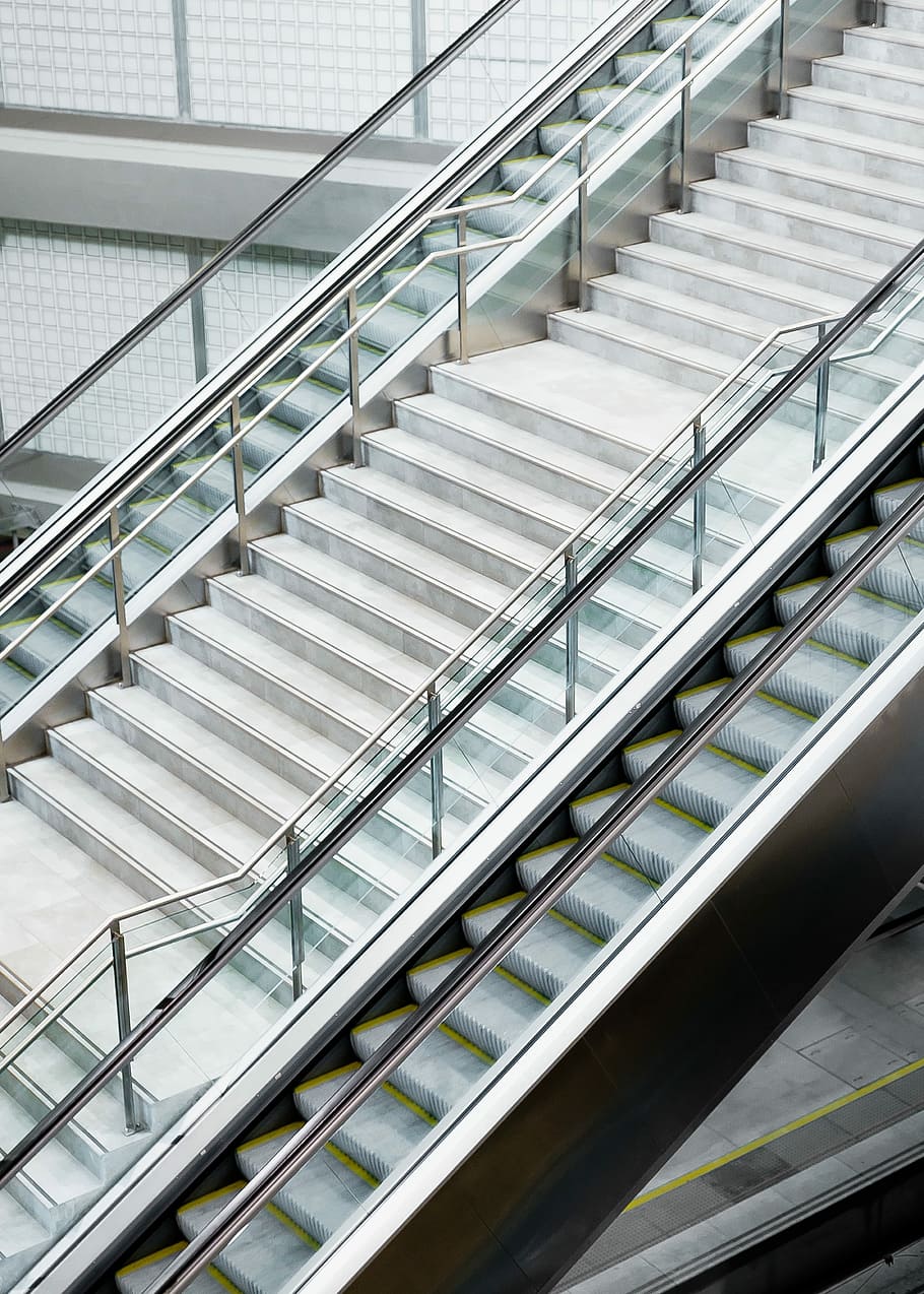 architecture photography of staircase during daytime, gray and white stairs with stainless steel railings HD wallpaper