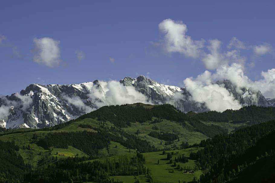 green mountains, alps, mountain ridge, rocks, landscape, clouds HD wallpaper