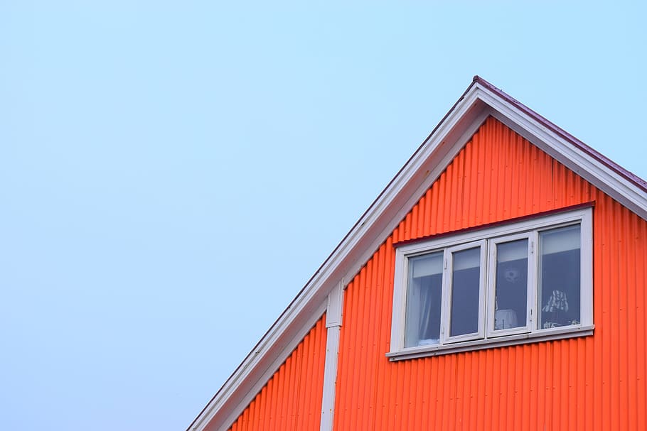 closed window, low-angle photography of red house under clear blue sky HD wallpaper