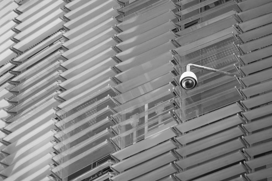 white surveillance camera hanging, security, black and white, HD wallpaper