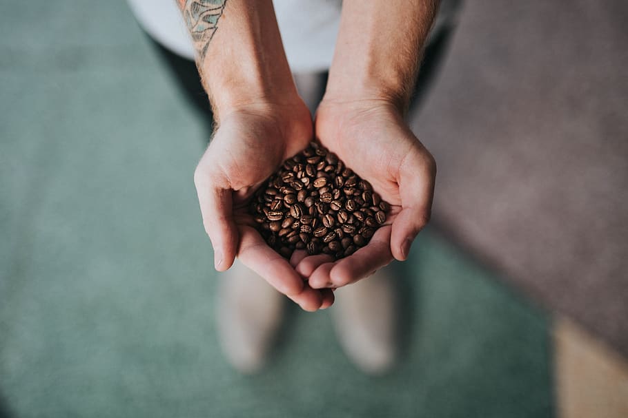 hand, palm, coffee, beans, human hand, human body part, holding HD wallpaper