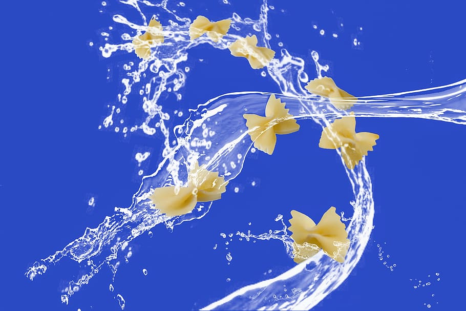 bow pasta with water, noodles, flying noodles, water splashes