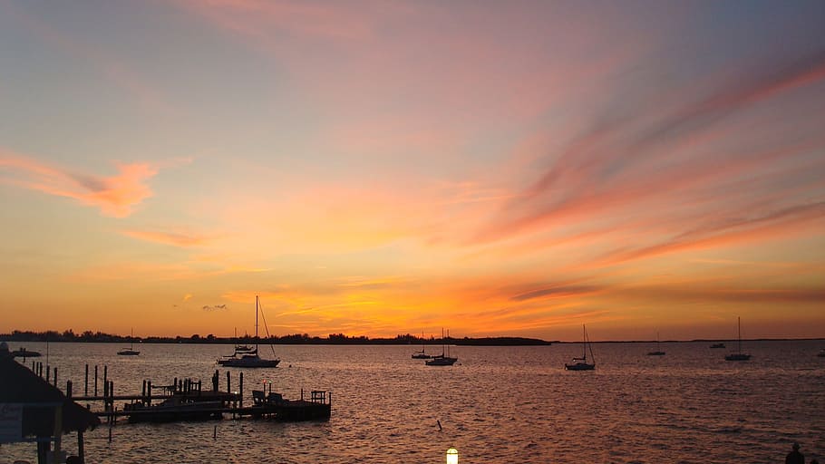 florida, sunset, sea, red, sky, afterglow, evening sky, romance, HD wallpaper
