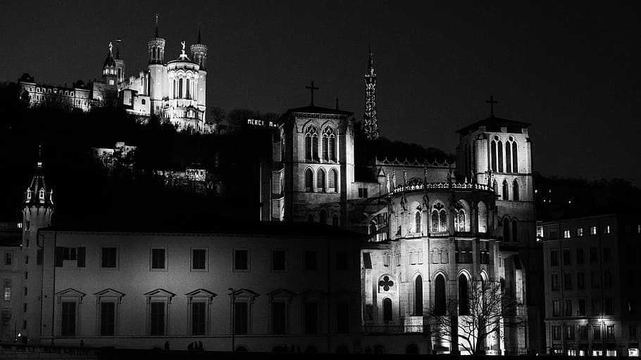 lyon, lights, night, monuments, building exterior, built structure HD wallpaper