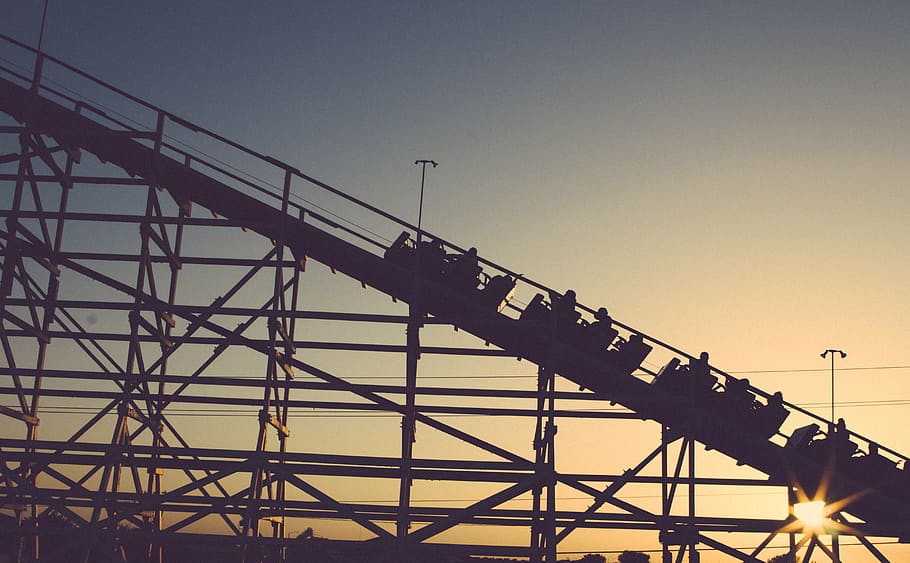 silhouette of roller coaster during dusk, amusement park, ride HD wallpaper