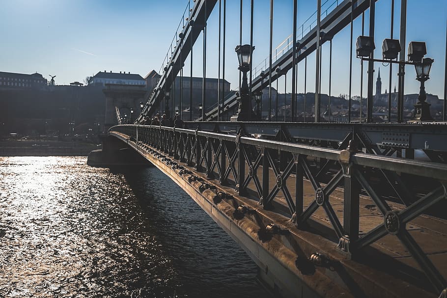 Brass Bridge Near High Rise Building Under Blue Sky, architecture HD wallpaper