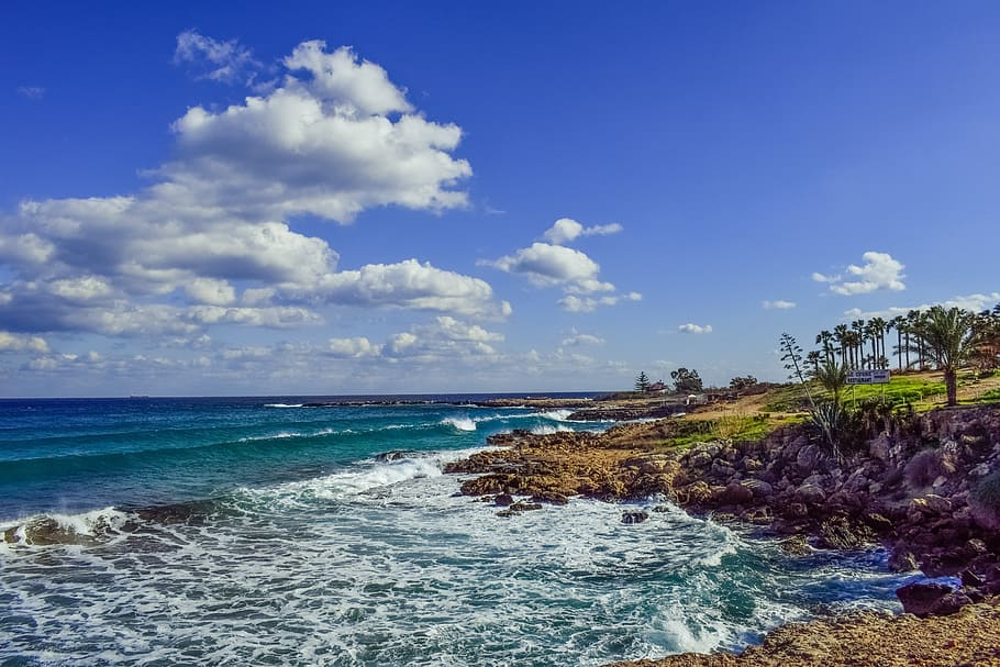 Sea, Horizon, Clouds, Nature, Coast, sky, coastline, waves HD wallpaper