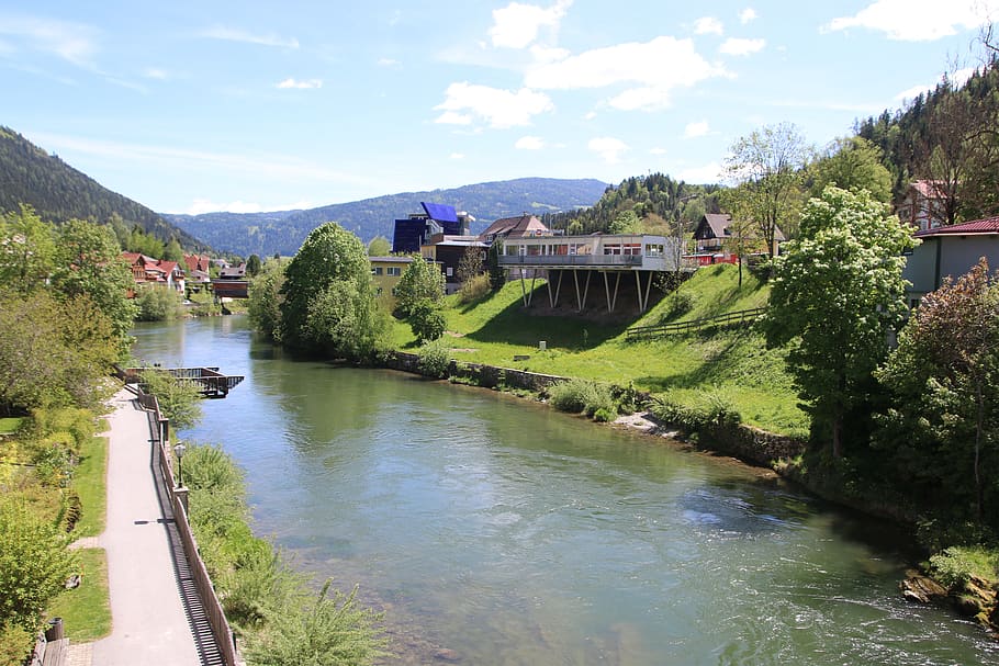 austria, river, landscape, mountains, water, built structure HD wallpaper