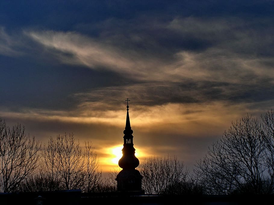 Sunset, Winter, Steeple, Clouds, evening sky, reed, innkreis HD wallpaper