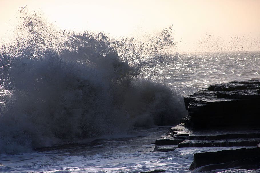 power, ocean, wave break, sea, rock, blue, nature, water, energy HD wallpaper