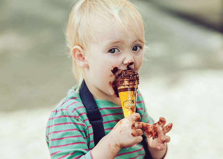 toddler eating chocolate ice cream, people, kid, child, dirty