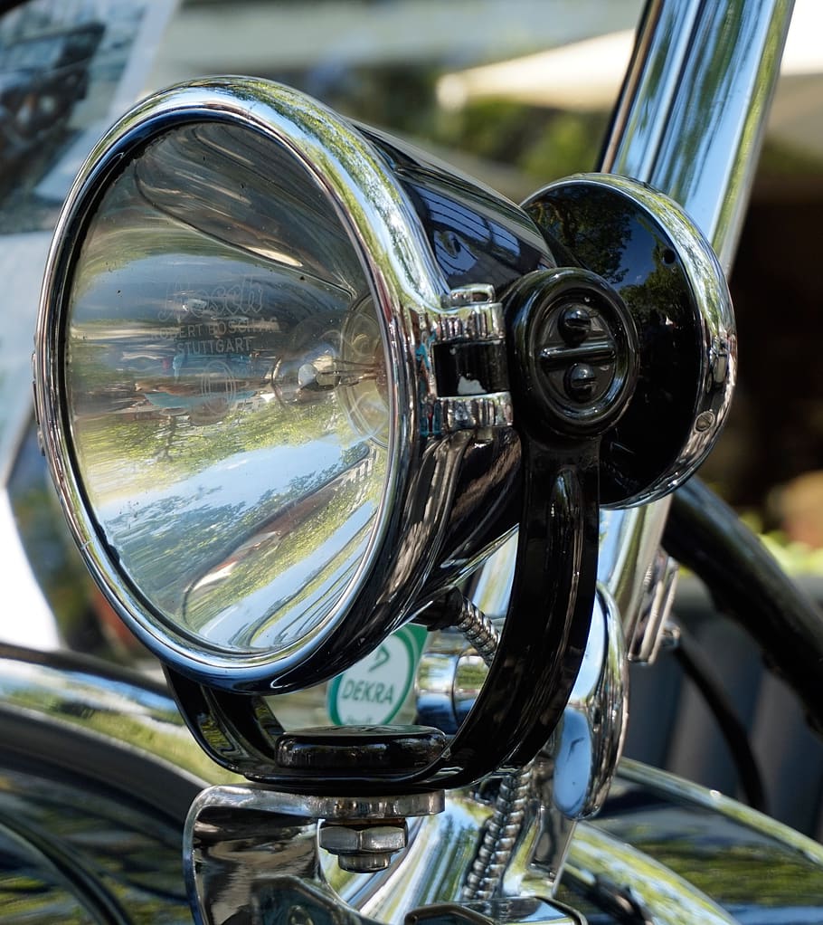 auto, spotlight, shiny, chrome, oldtimer, metal, mode of transportation HD wallpaper