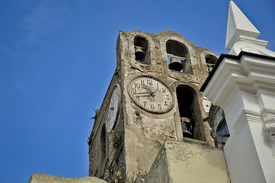 clock, capri, naples, tower, building, tourism, landmark, bell, HD wallpaper