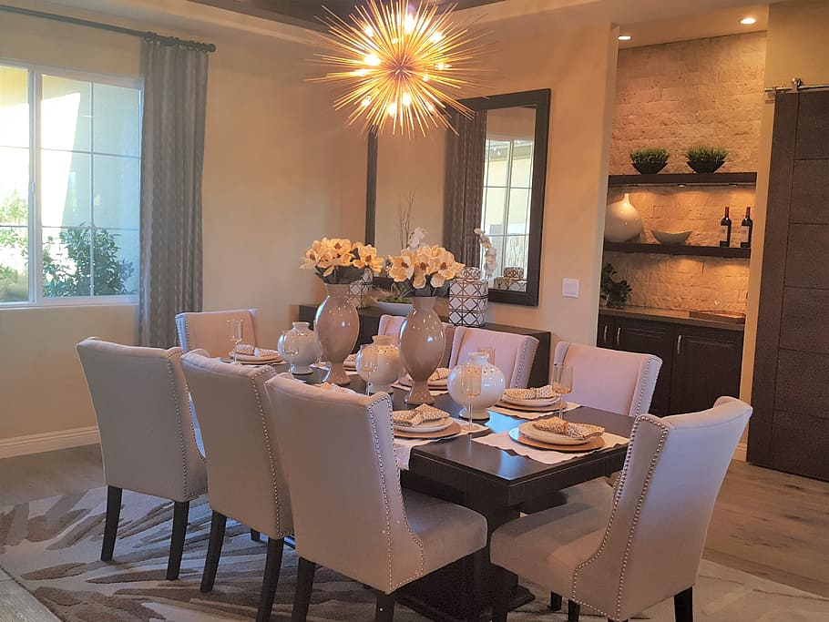 rectangular brown wooden table with plates and chairs, white HD wallpaper