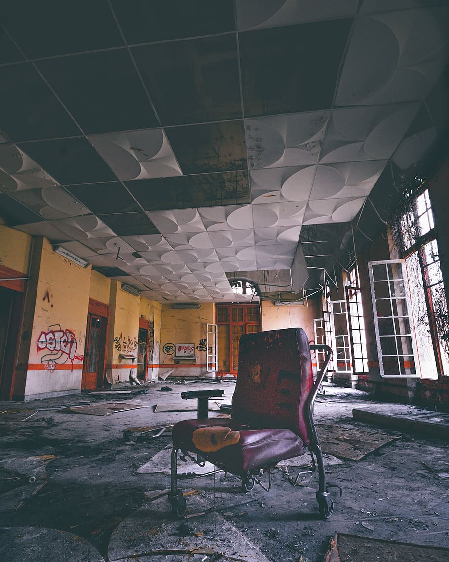 take place, red chair on abandoned building, seat, explore, urbex, HD wallpaper