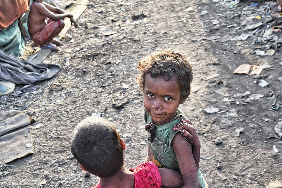 two children standing beside man sitting, Slums, Poor, Kids, Outdoor, HD wallpaper