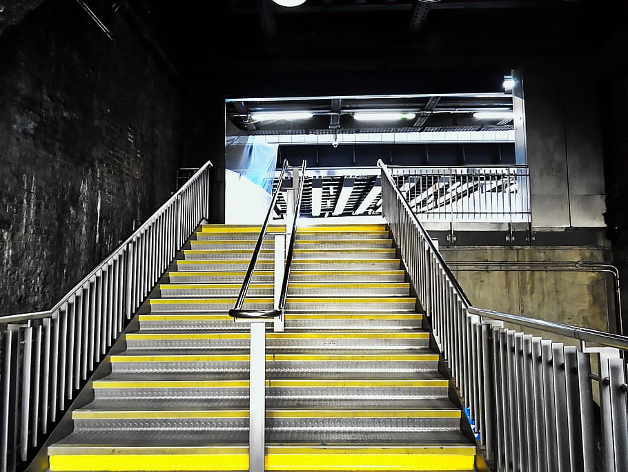 stairs, lights, steps, travel, empty, handrail, indoors, modern HD wallpaper