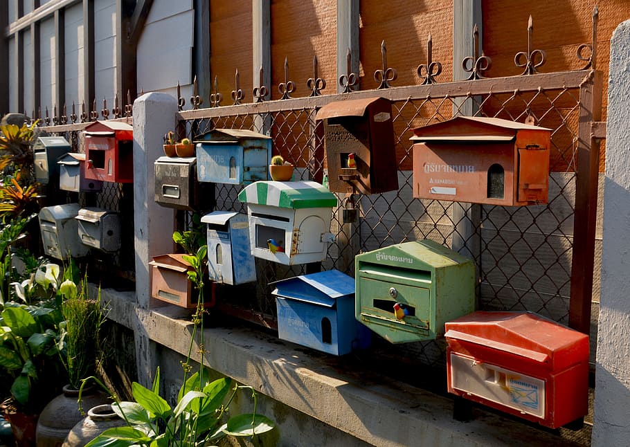 assorted-color mail boxes, letterboxes, mailbox, postal, postbox, HD wallpaper