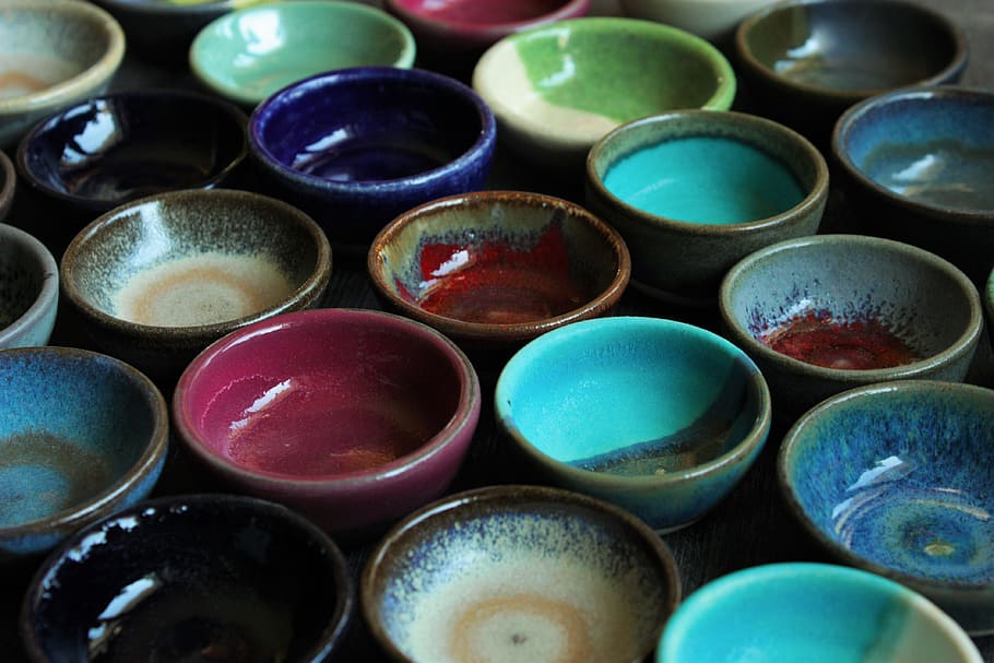 Ceramics, Bowls, Colorful, Shades, shades of, design, handicraft, HD wallpaper