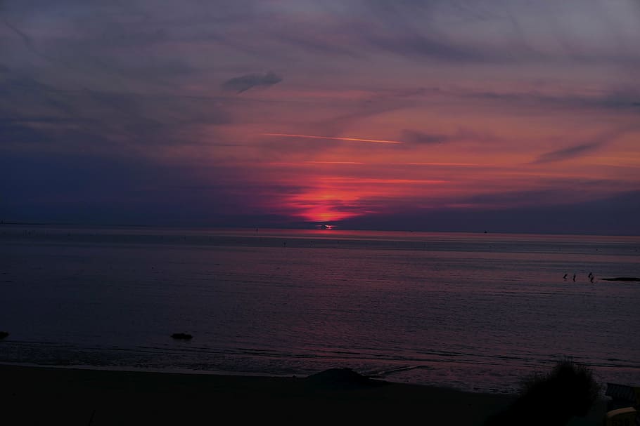 sunset, afterglow, beach, evening, blue, holiday, sea, sky HD wallpaper