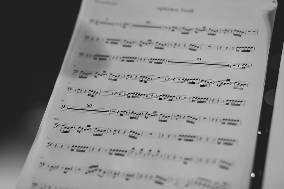 close up photo of piano notes, musical, sheet, top, black, surface