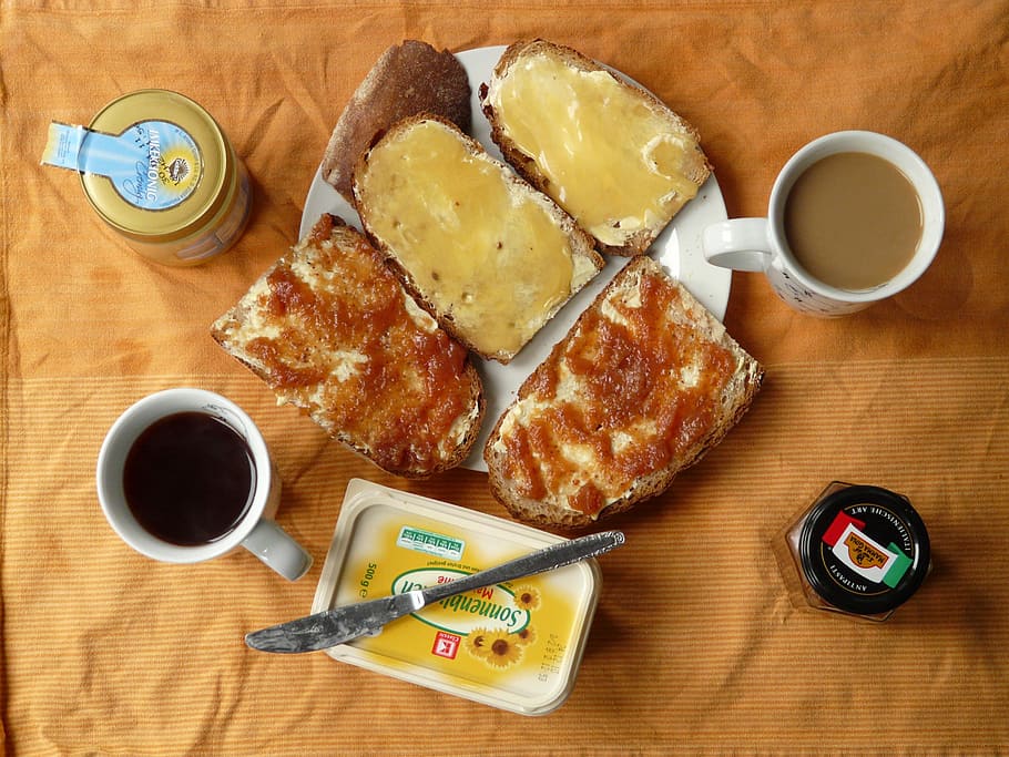 Breakfast with bread and butter, coffee, food, photos, public domain HD wallpaper