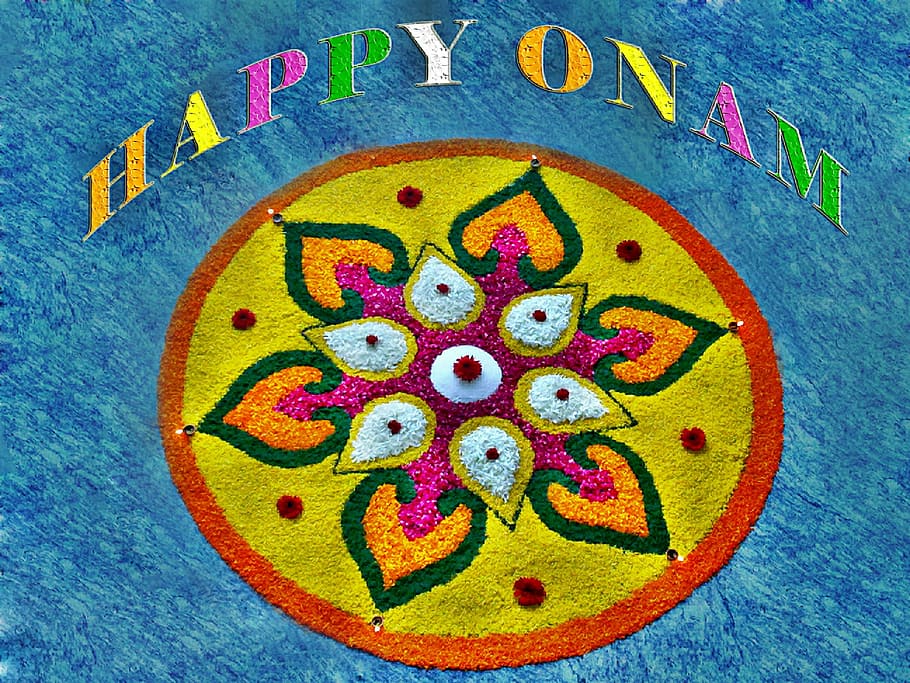 Happy Onam text overlay, Decoration, Celebration, atham, kerala