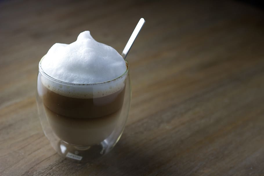 clear dessert glass with beige liquid, coffee, cup, latte, foam HD wallpaper