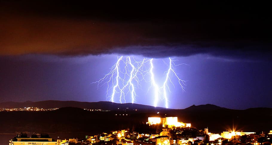 lightning striking town, Lightning, Storm, Storm, Clouds, Thunder