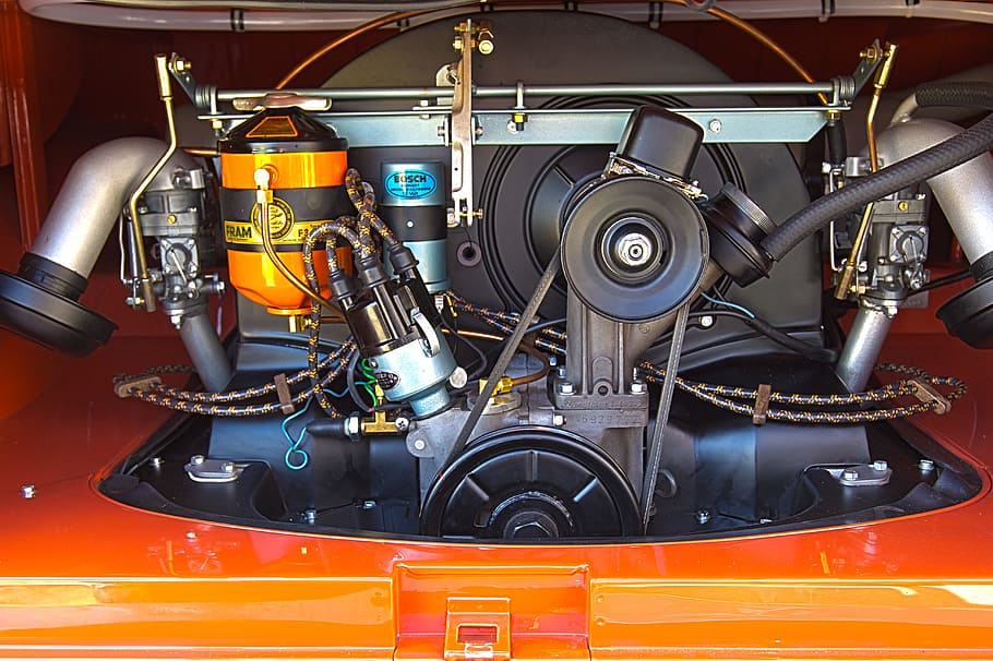 black and orange engine bay, car, vw, bug, volkswagon, steering wheel