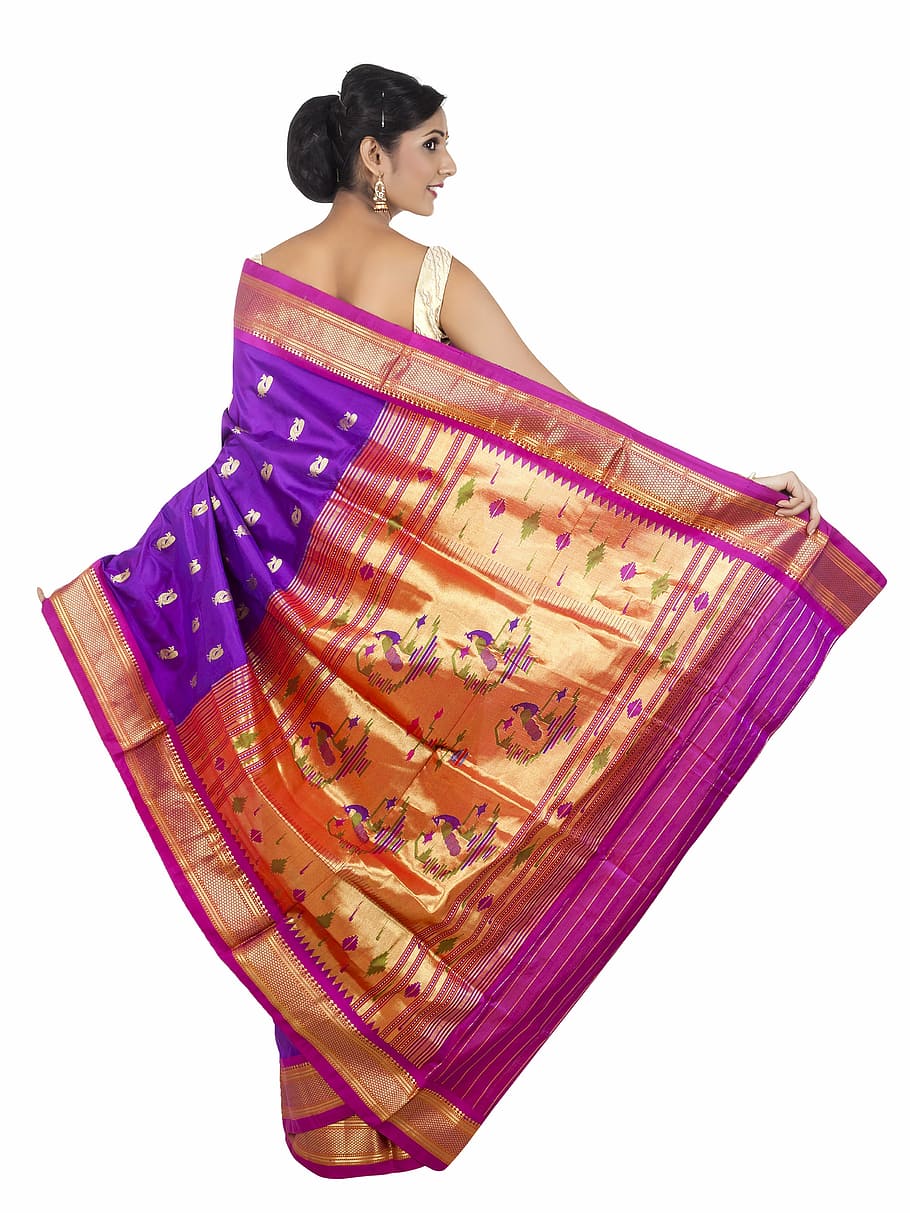woman wearing gold and purple sari dress, paithani saree, paithani silk