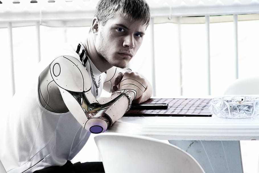 man with robotic arm photo, teens, future, science, men, business HD wallpaper