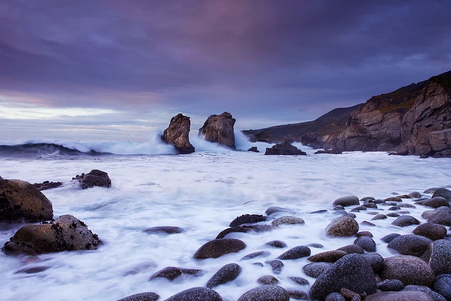nature, landscape, ocean, sea, beach, rocks, waves, coast, white HD wallpaper