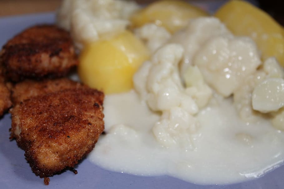 schnitzel, cauliflower vegetable, breaded, meat, potatoes, cook HD wallpaper