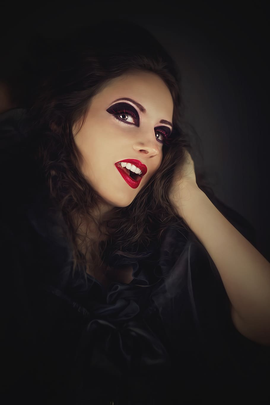 photo of woman face red lips, vampire, girl, the witch, black