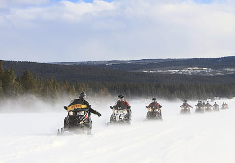 person riding on snowmobiles, path, road, recreation, tour HD wallpaper