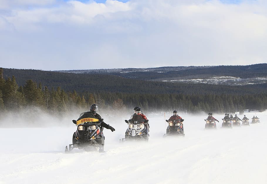 person riding on snowmobiles, path, road, recreation, tour HD wallpaper
