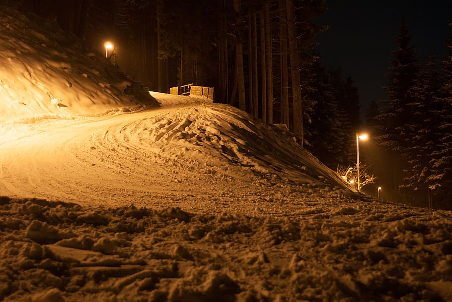 tyrol, winter, snow, ice, road, hill, night, evening, lights HD wallpaper