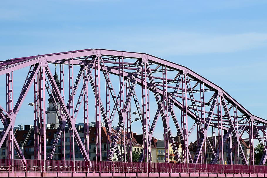 red metal bridge during daytime, view, pink bridge, the old town HD wallpaper