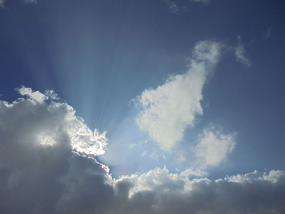 clouds, sunbeams, rays, sky, blue, nature, weather, outdoors HD wallpaper