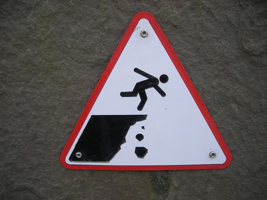 cliff, sign, danger, slip, communication, representation, human representation HD wallpaper
